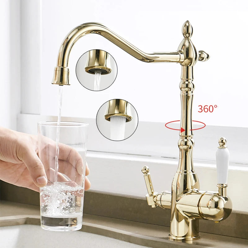 Filter Kitchen Faucet 360 ° Rotatble Hot And Cold Mixer Tap Faucet Double Handle Deck Mounted Kitchen Tap Black Basin Faucet