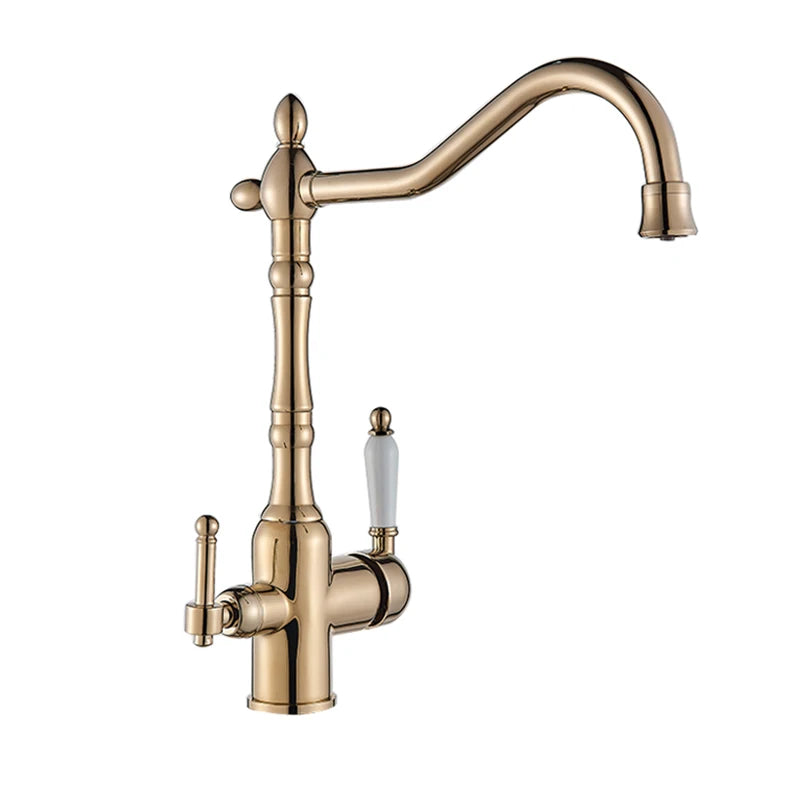 Filter Kitchen Faucet 360 ° Rotatble Hot And Cold Mixer Tap Faucet Double Handle Deck Mounted Kitchen Tap Black Basin Faucet