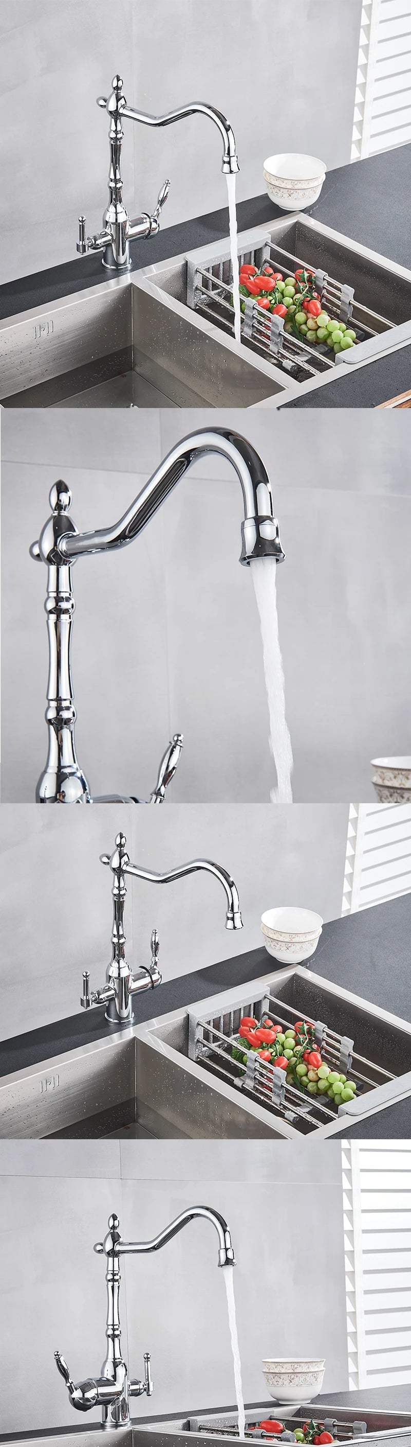 Filter Kitchen Faucet 360 ° Rotatble Hot And Cold Mixer Tap Faucet Double Handle Deck Mounted Kitchen Tap Black Basin Faucet