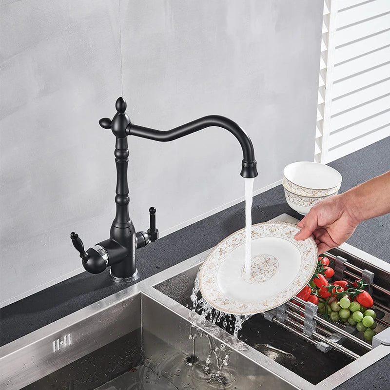 Filter Kitchen Faucet 360 ° Rotatble Hot And Cold Mixer Tap Faucet Double Handle Deck Mounted Kitchen Tap Black Basin Faucet