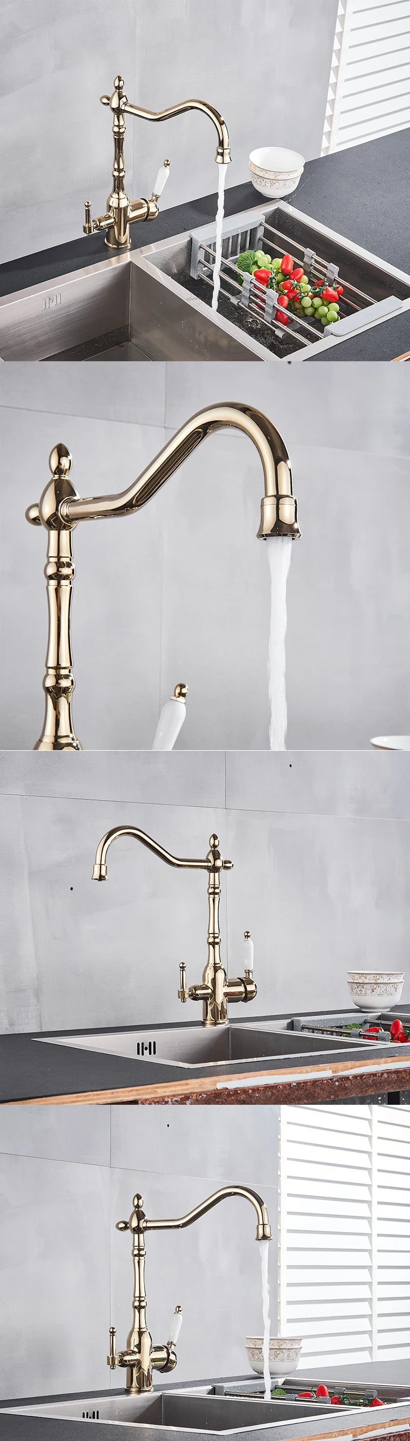 Filter Kitchen Faucet 360 ° Rotatble Hot And Cold Mixer Tap Faucet Double Handle Deck Mounted Kitchen Tap Black Basin Faucet
