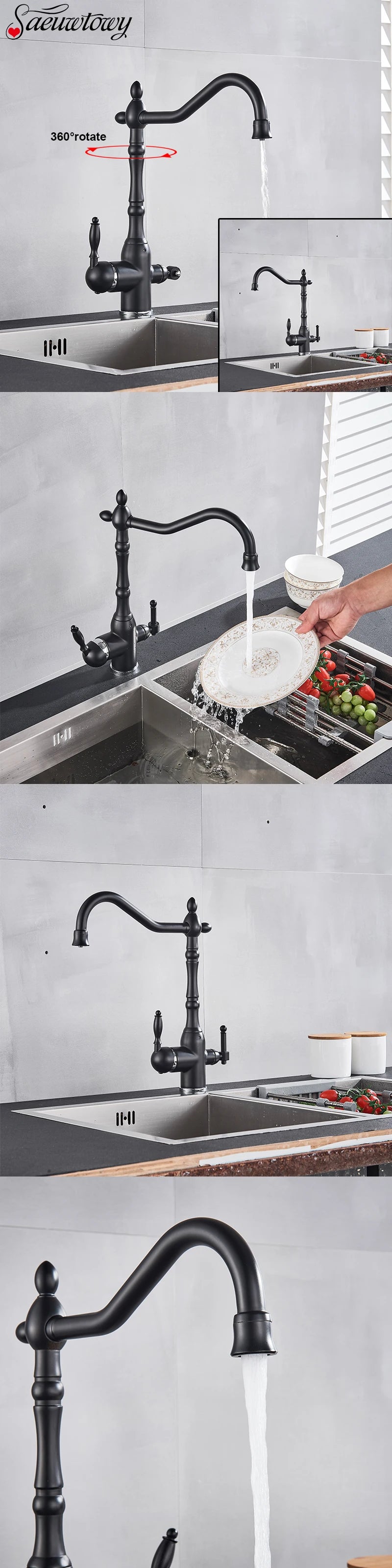 Filter Kitchen Faucet 360 ° Rotatble Hot And Cold Mixer Tap Faucet Double Handle Deck Mounted Kitchen Tap Black Basin Faucet