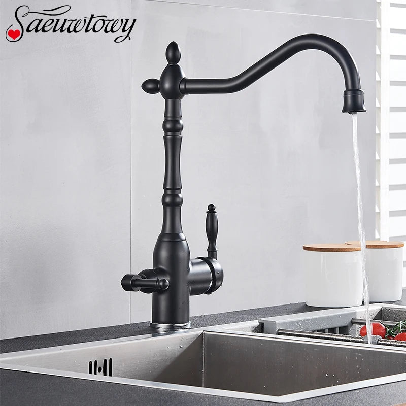 Filter Kitchen Faucet 360 ° Rotatble Hot And Cold Mixer Tap Faucet Double Handle Deck Mounted Kitchen Tap Black Basin Faucet
