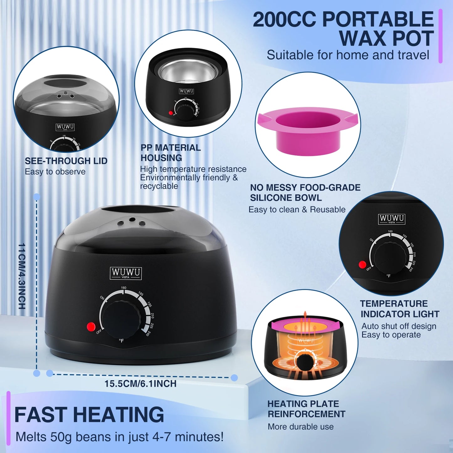 Hair Removal Wax Warmer 200CC WUWUVISTA Professional Wax Warmer Machine with 7oz Silicone Bowl Portable Hot Wax heater(EU Plug)