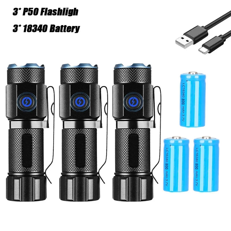 P50 Powerful Mini LED Flashlight Aluminium Alloy Torch Type-C Rechargeable 16340 Battery With Tail Magnet Flashlight