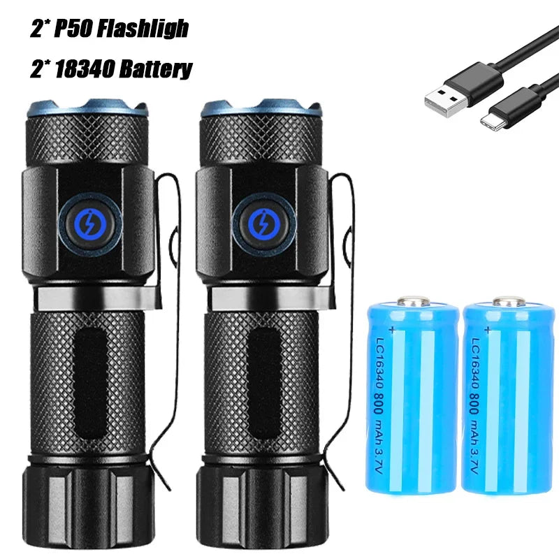 P50 Powerful Mini LED Flashlight Aluminium Alloy Torch Type-C Rechargeable 16340 Battery With Tail Magnet Flashlight