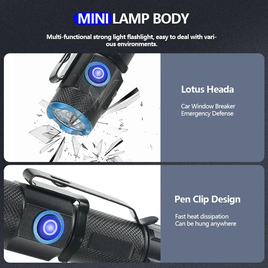 P50 Powerful Mini LED Flashlight Aluminium Alloy Torch Type-C Rechargeable 16340 Battery With Tail Magnet Flashlight