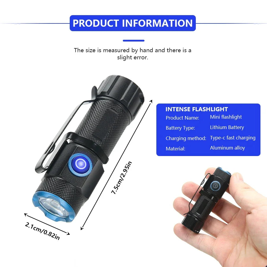 P50 Powerful Mini LED Flashlight Aluminium Alloy Torch Type-C Rechargeable 16340 Battery With Tail Magnet Flashlight
