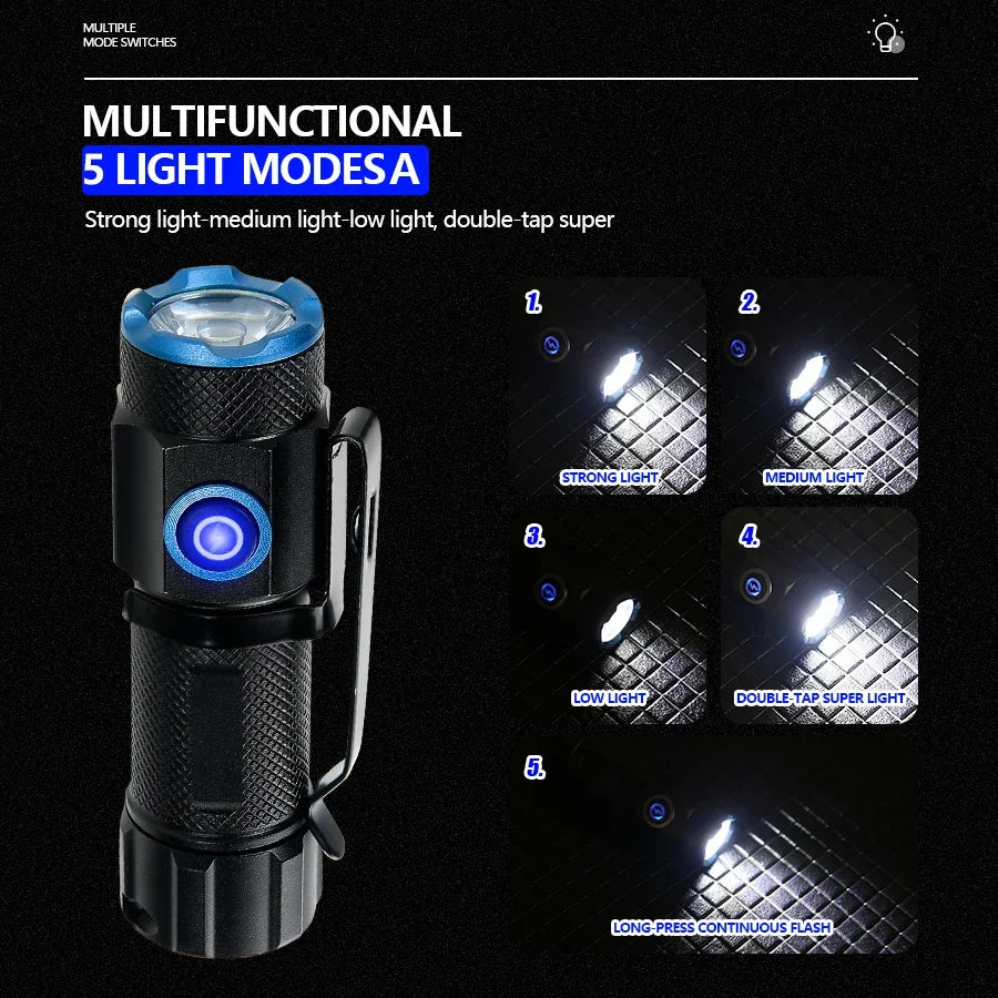 P50 Powerful Mini LED Flashlight Aluminium Alloy Torch Type-C Rechargeable 16340 Battery With Tail Magnet Flashlight