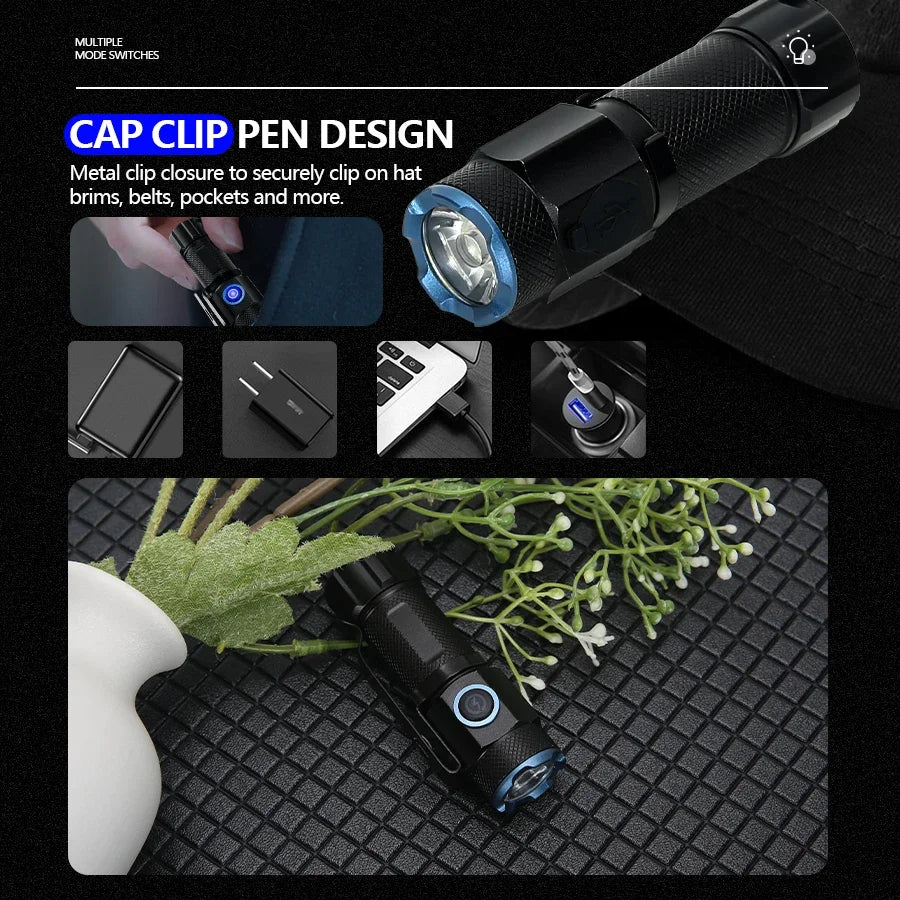 P50 Powerful Mini LED Flashlight Aluminium Alloy Torch Type-C Rechargeable 16340 Battery With Tail Magnet Flashlight