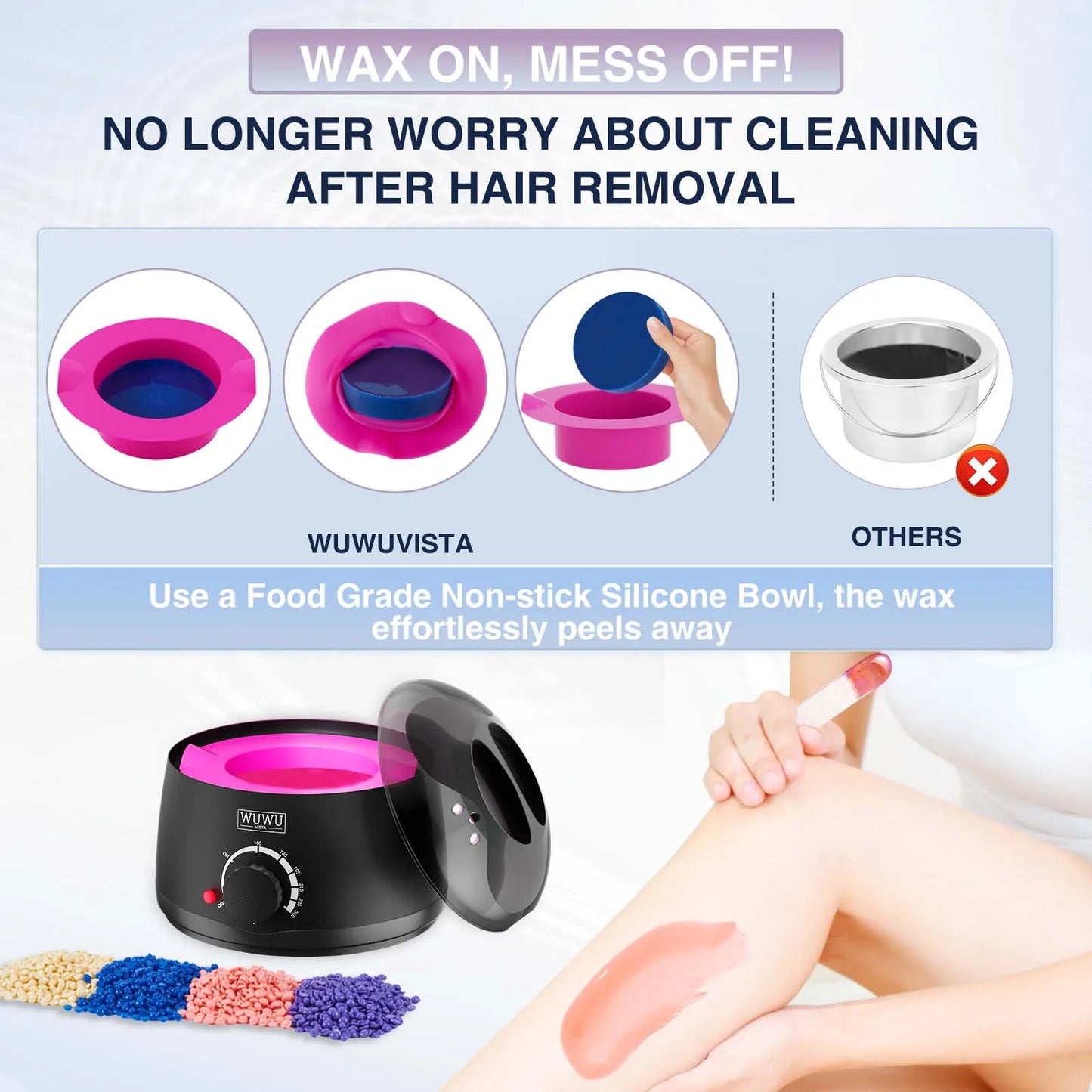 Hair Removal Wax Warmer 200CC WUWUVISTA Professional Wax Warmer Machine with 7oz Silicone Bowl Portable Hot Wax heater(EU Plug)