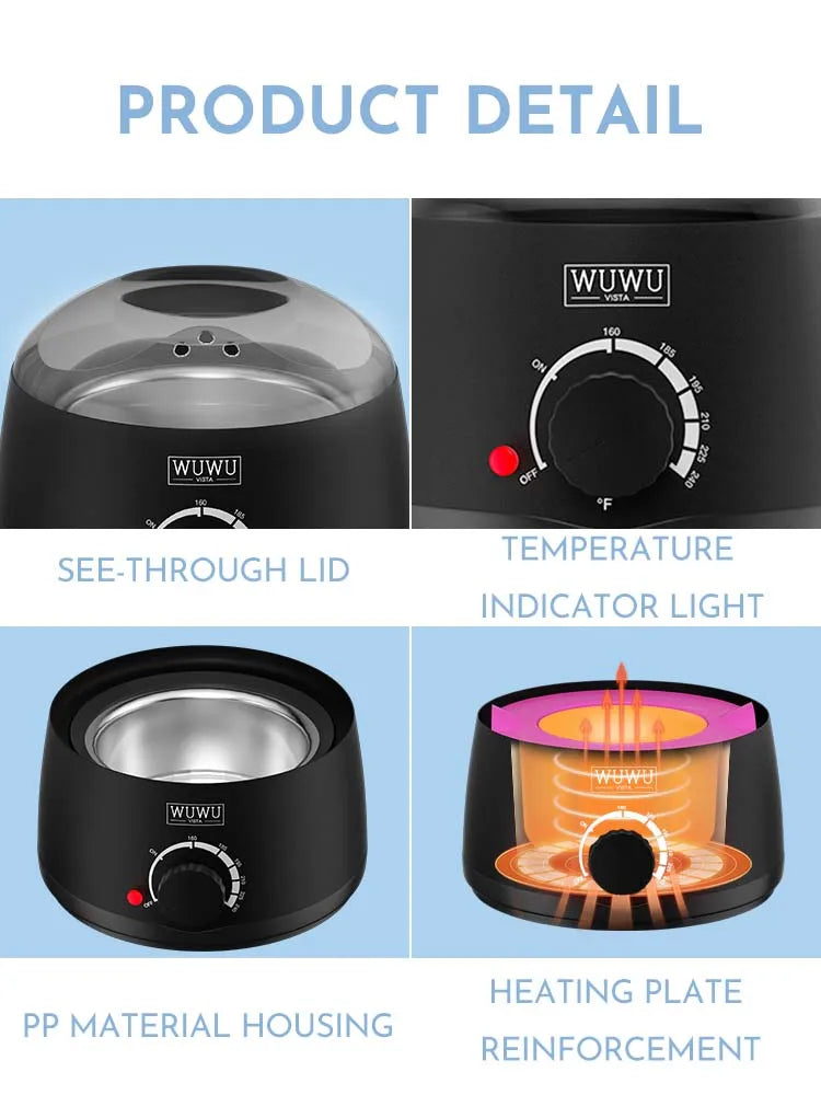Hair Removal Wax Warmer 200CC WUWUVISTA Professional Wax Warmer Machine with 7oz Silicone Bowl Portable Hot Wax heater(EU Plug)