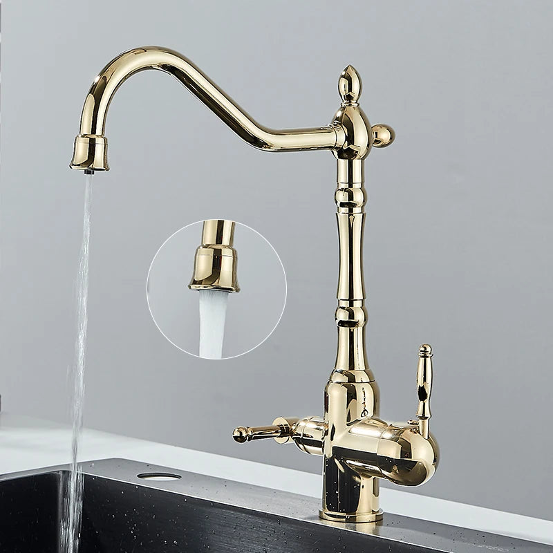 Filter Kitchen Faucet 360 ° Rotatble Hot And Cold Mixer Tap Faucet Double Handle Deck Mounted Kitchen Tap Black Basin Faucet
