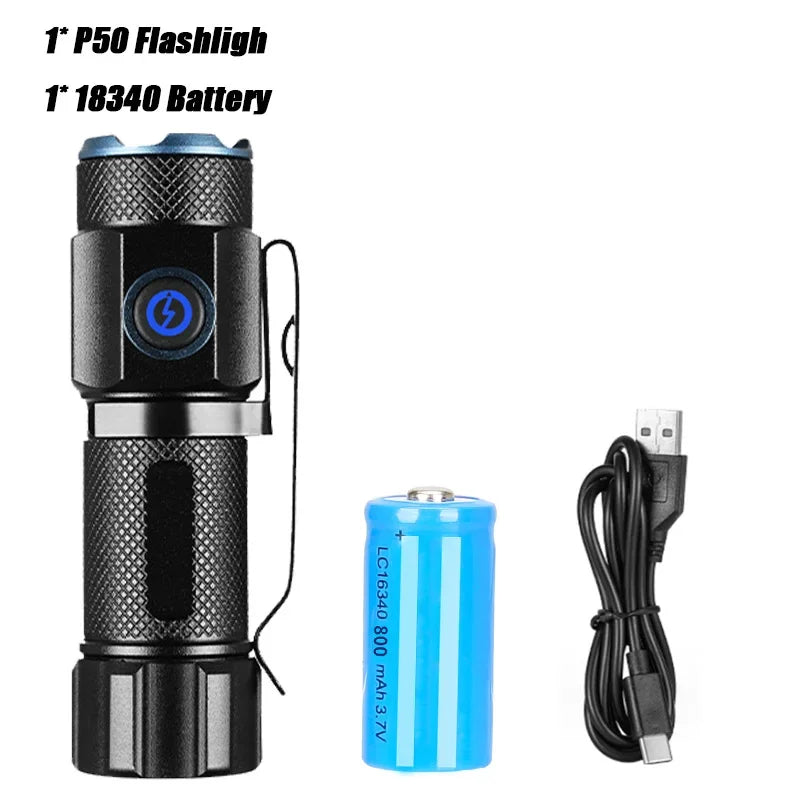 P50 Powerful Mini LED Flashlight Aluminium Alloy Torch Type-C Rechargeable 16340 Battery With Tail Magnet Flashlight