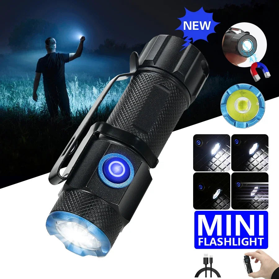 P50 Powerful Mini LED Flashlight Aluminium Alloy Torch Type-C Rechargeable 16340 Battery With Tail Magnet Flashlight