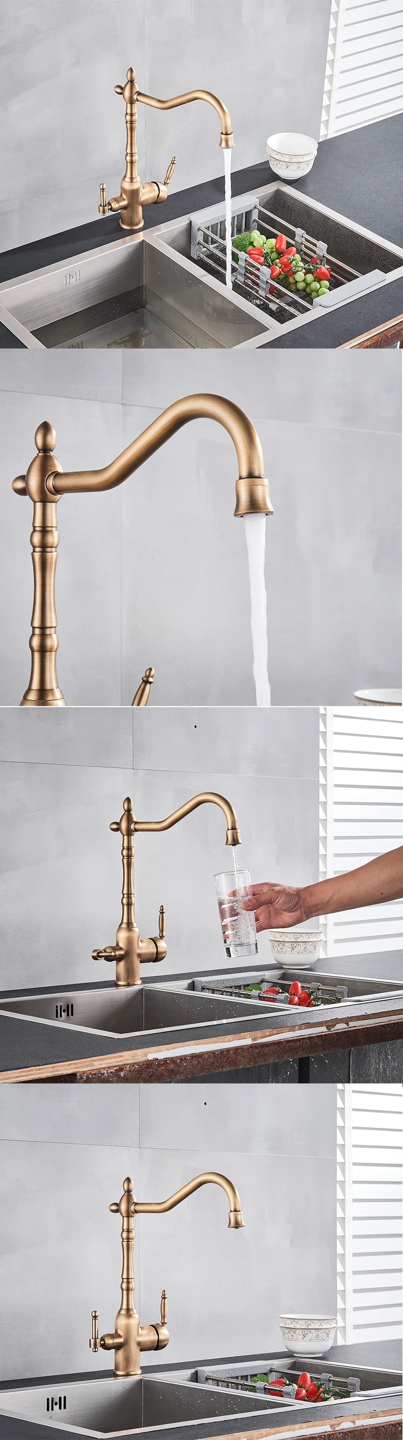 Filter Kitchen Faucet 360 ° Rotatble  Hot And Cold Mixer Tap Faucet Double Handle Deck Mounted Kitchen Tap Black Basin Faucet