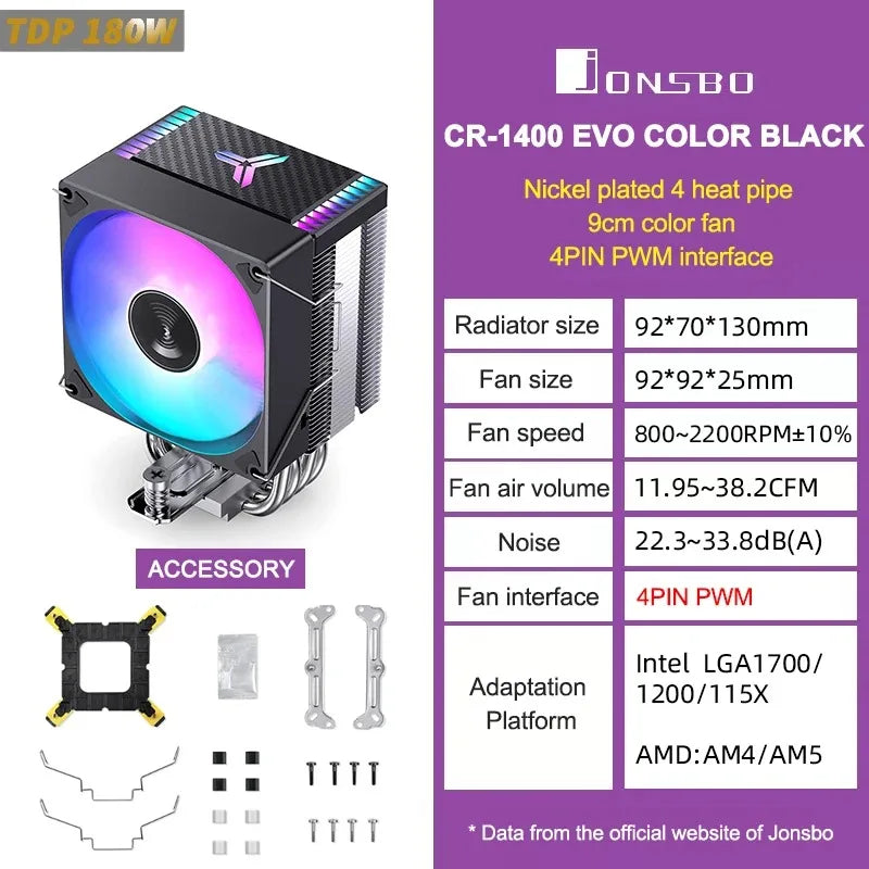 JONSBO CR-1400EVO 4 Heat Pipe ARGB PWM TDP 180W CPU Air Cooler for LGA1700 1200 115X AM4 AM5 Cooling Heatsink PC Radiator 5V3pin