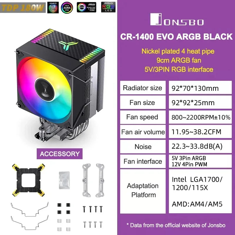JONSBO CR-1400EVO 4 Heat Pipe ARGB PWM TDP 180W CPU Air Cooler for LGA1700 1200 115X AM4 AM5 Cooling Heatsink PC Radiator 5V3pin