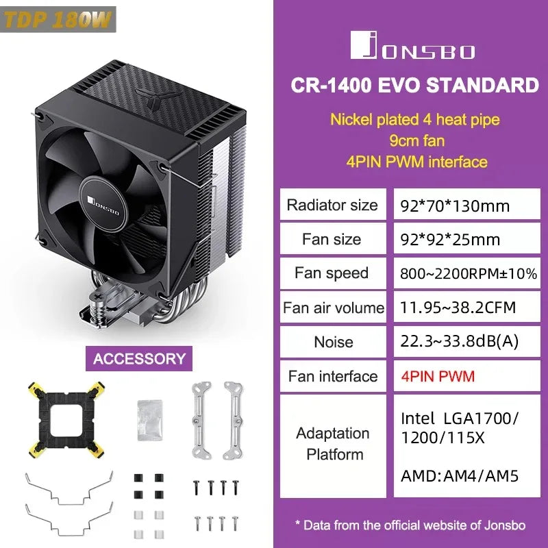 JONSBO CR-1400EVO 4 Heat Pipe ARGB PWM TDP 180W CPU Air Cooler for LGA1700 1200 115X AM4 AM5 Cooling Heatsink PC Radiator 5V3pin