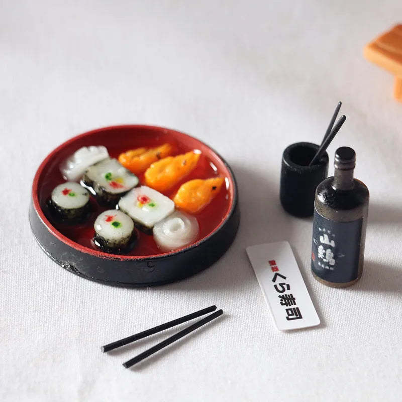 Mini Japanese Sushi Lunch Dish Suits Dollhouse Miniature Items Sushi Set Chopsticks Wine BJD Doll House Kitchen Accessories Food