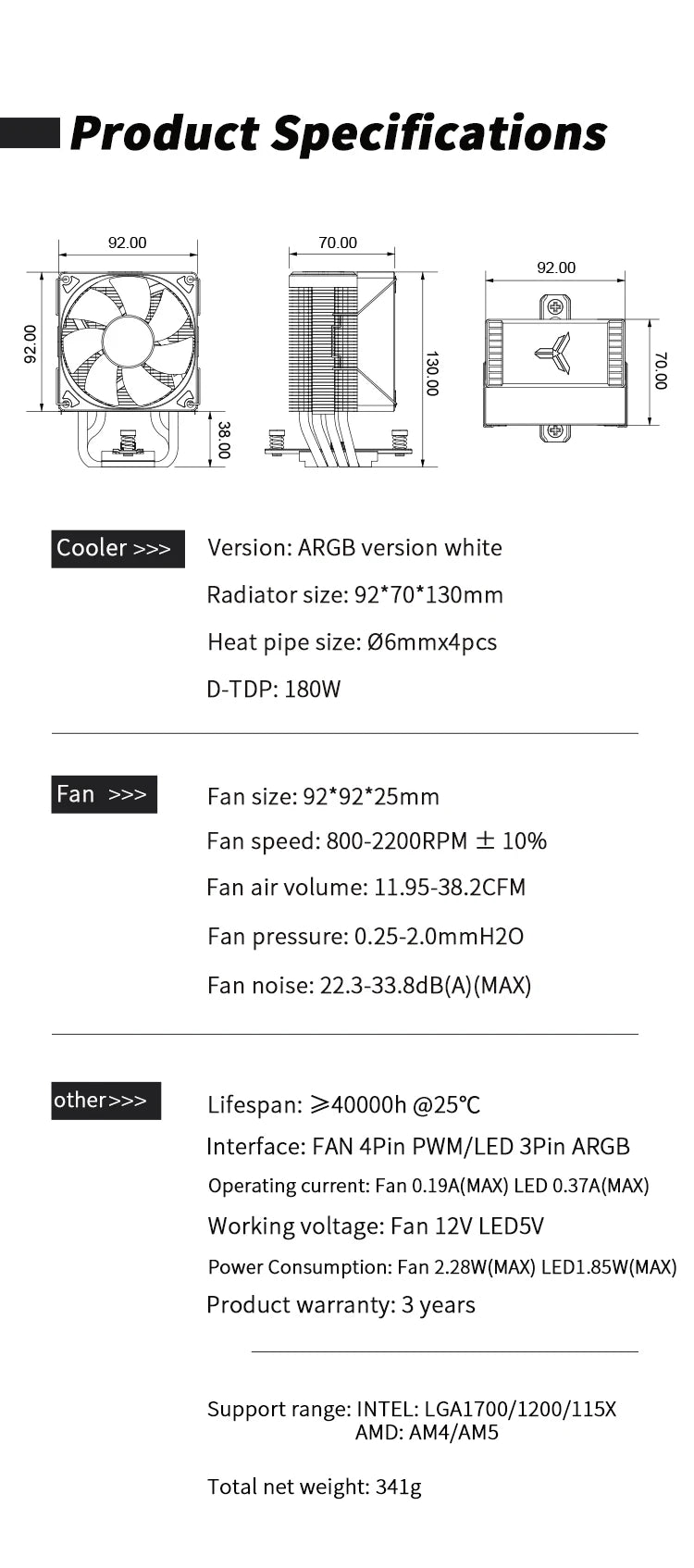 JONSBO CR-1400EVO 4 Heat Pipe ARGB PWM TDP 180W CPU Air Cooler for LGA1700 1200 115X AM4 AM5 Cooling Heatsink PC Radiator 5V3pin