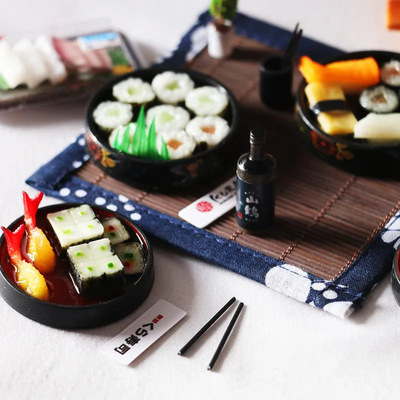 Mini Japanese Sushi Lunch Dish Suits Dollhouse Miniature Items Sushi Set Chopsticks Wine BJD Doll House Kitchen Accessories Food