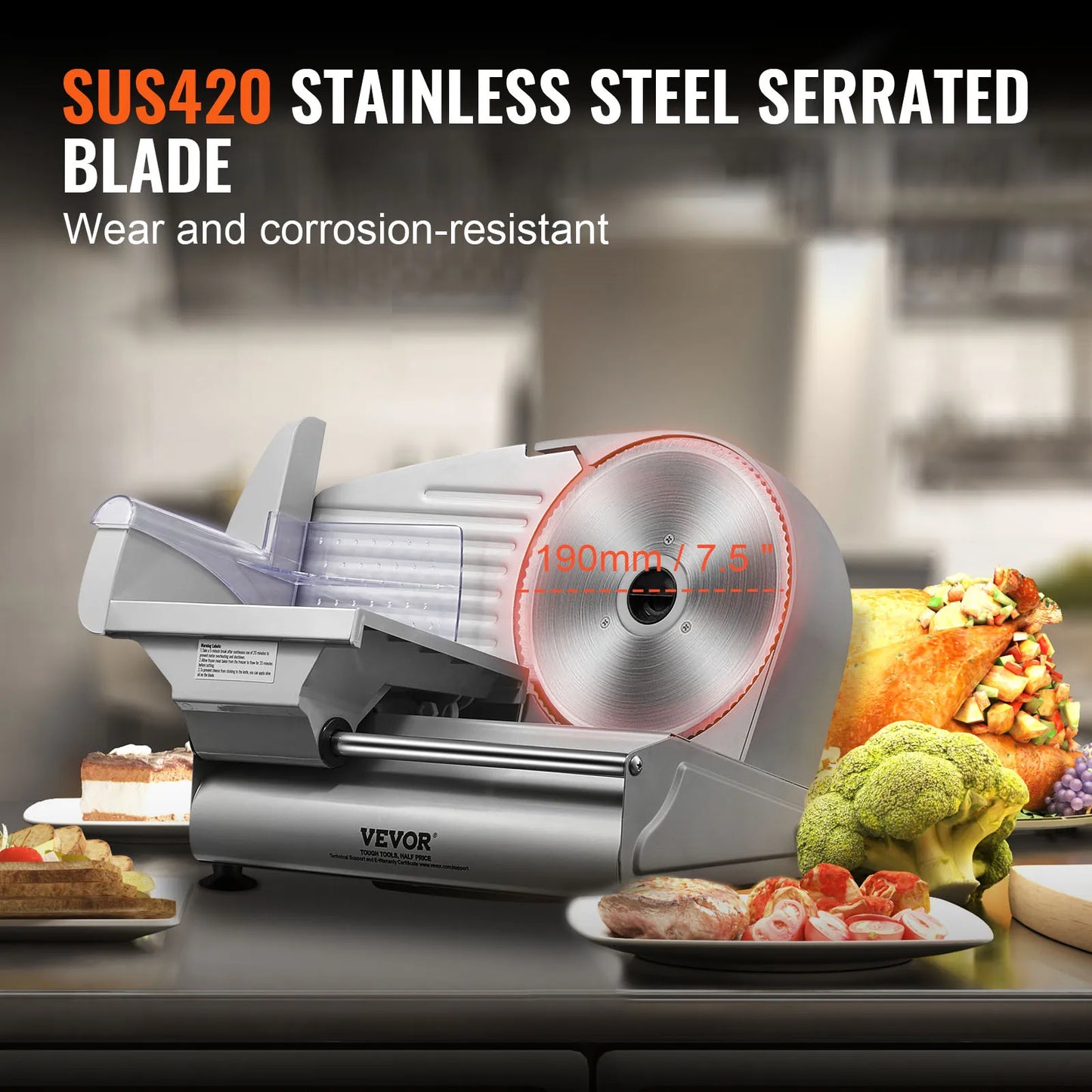 VEVOR Meat Slicer, 180W Electric Deli Food Slicer with 7.5" SUS420 Stainless Steel Blade, 0 - 0.6 inch Adjustable Thickness