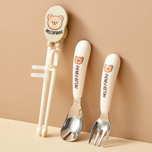WORTHBUY Kid Spoon Fork Chopsticks 316 Stainless Steel Cutlery Set Cute Tableware Set Kitchen Children Food Feeding Dining Set