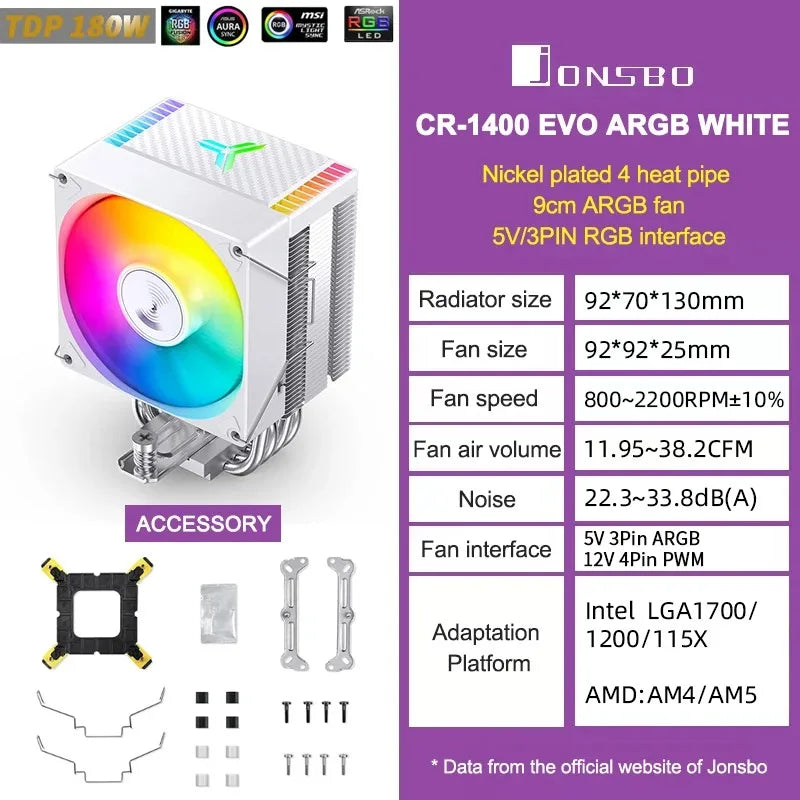 JONSBO CR-1400EVO 4 Heat Pipe ARGB PWM TDP 180W CPU Air Cooler for LGA1700 1200 115X AM4 AM5 Cooling Heatsink PC Radiator 5V3pin