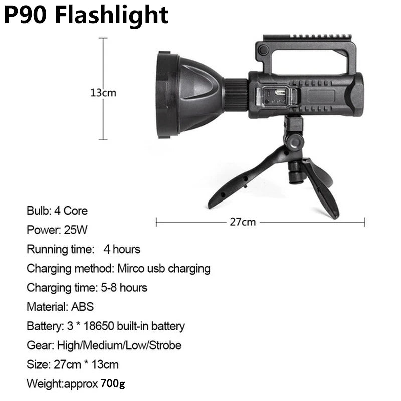 NEW P90 Portable Powerful LED Flashlight Handheld Searchlight USB Rechargeable Spotlight Waterproof Torch Work Light Outdoor