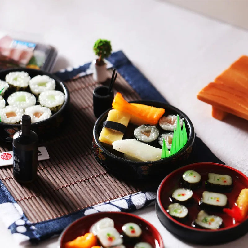 Mini Japanese Sushi Lunch Dish Suits Dollhouse Miniature Items Sushi Set Chopsticks Wine BJD Doll House Kitchen Accessories Food