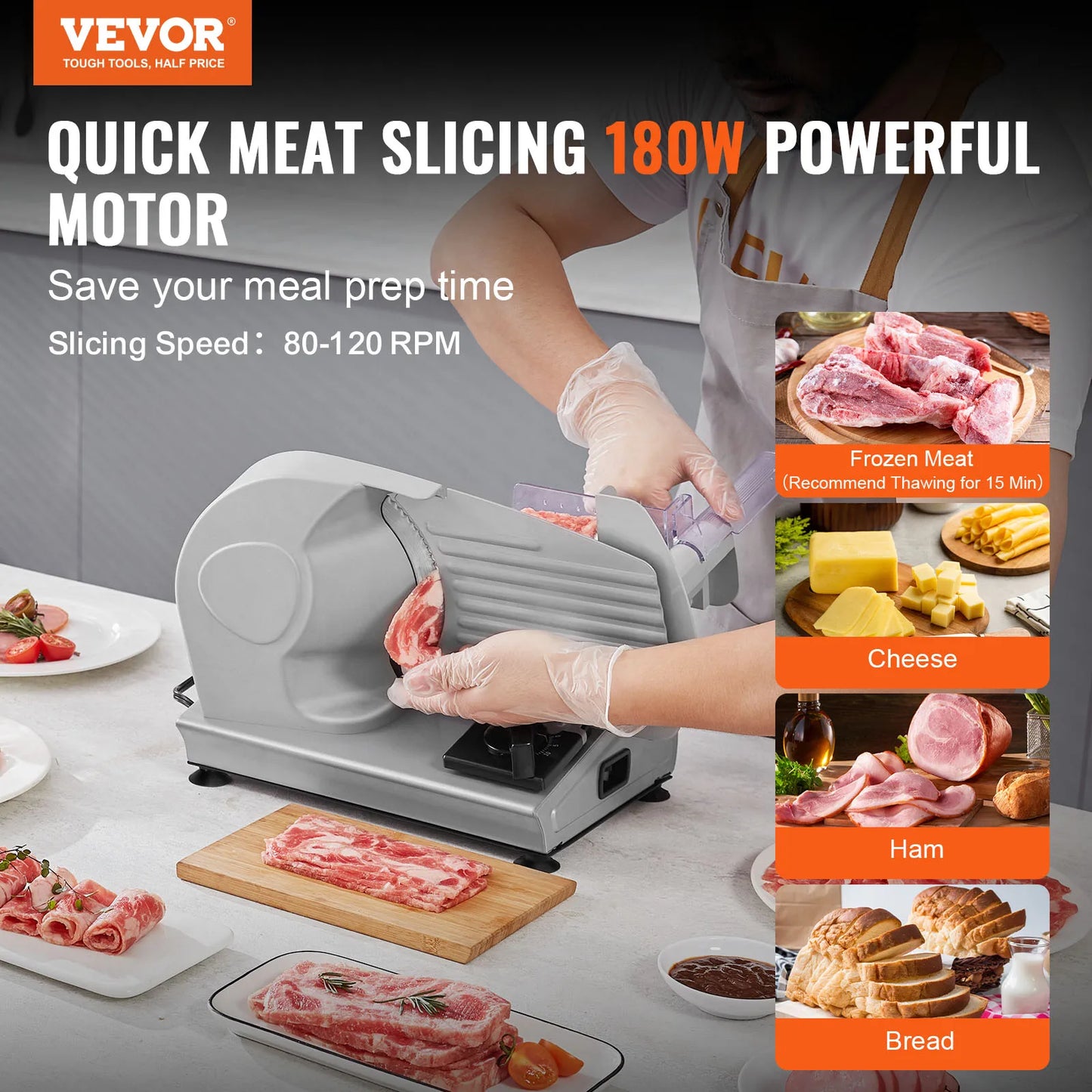 VEVOR Meat Slicer, 180W Electric Deli Food Slicer with 7.5" SUS420 Stainless Steel Blade, 0 - 0.6 inch Adjustable Thickness