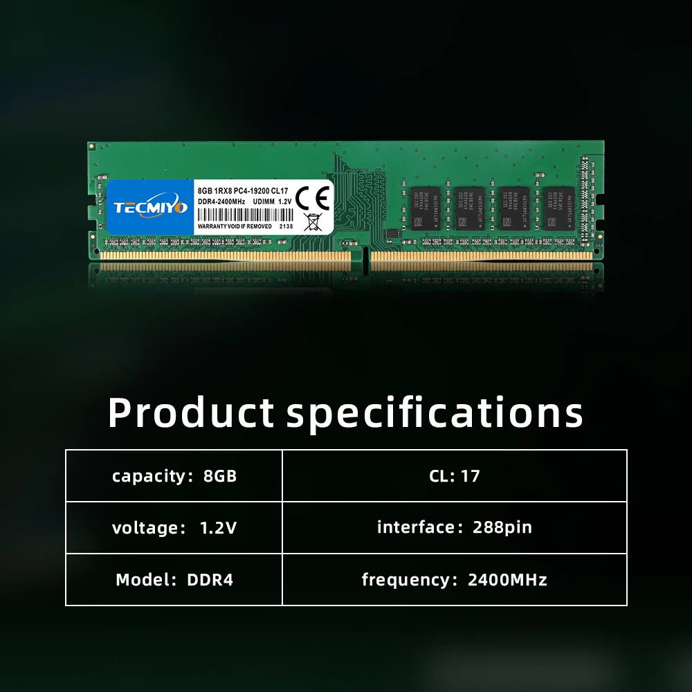 TECMIYO DDR4 8GB Desktop RAM 2133 2400 2666 3000 3200 3600 1RX8 PC4 DIMM Memory Support ddr4 Motherboard -1PC Green