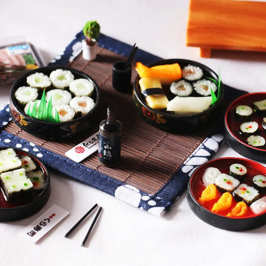Mini Japanese Sushi Lunch Dish Suits Dollhouse Miniature Items Sushi Set Chopsticks Wine BJD Doll House Kitchen Accessories Food
