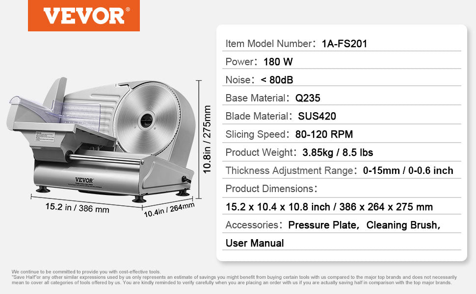 VEVOR Meat Slicer, 180W Electric Deli Food Slicer with 7.5" SUS420 Stainless Steel Blade, 0 - 0.6 inch Adjustable Thickness