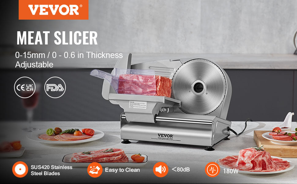 VEVOR Meat Slicer, 180W Electric Deli Food Slicer with 7.5" SUS420 Stainless Steel Blade, 0 - 0.6 inch Adjustable Thickness