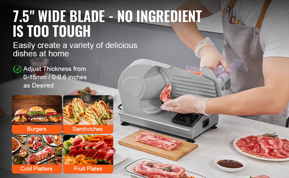 VEVOR Meat Slicer, 180W Electric Deli Food Slicer with 7.5" SUS420 Stainless Steel Blade, 0 - 0.6 inch Adjustable Thickness