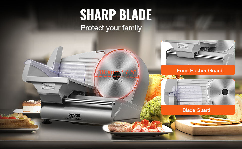 VEVOR Meat Slicer, 180W Electric Deli Food Slicer with 7.5" SUS420 Stainless Steel Blade, 0 - 0.6 inch Adjustable Thickness